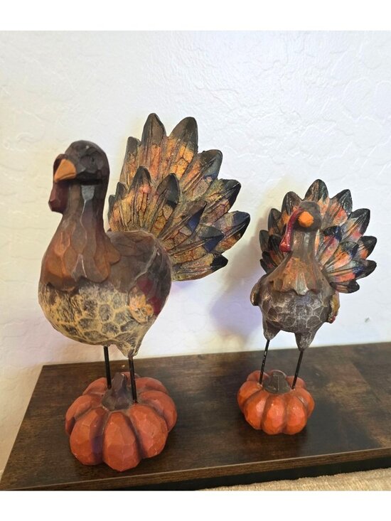 Other - Set of 2 Turkey Figurines On Pumpkin Bases Fall Harvest Thanksgiving